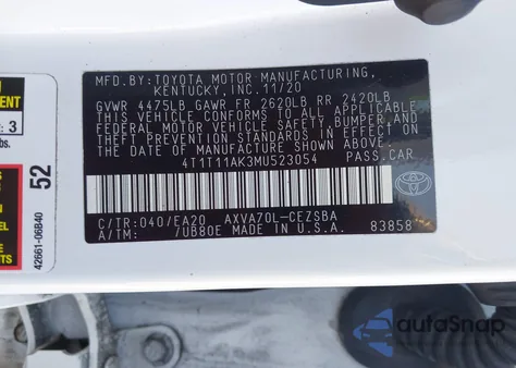 2021 Toyota Camry Se z USA, uszkodzony, nr VIN 4T1T11AK3MU523054